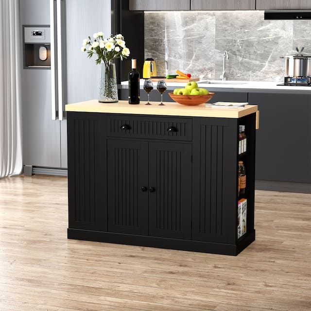 HOMCOM Fluted-Style Wooden Kitchen Island, Countertop with Drop Leaf, Drawer, Open Shelves, Storage