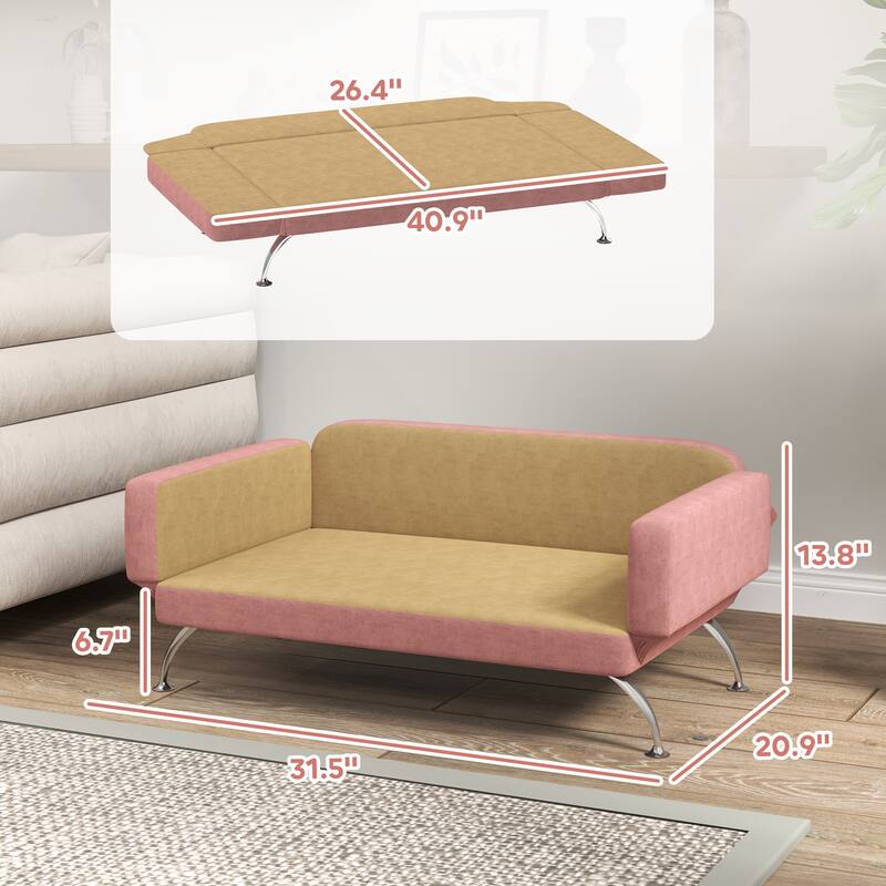 PawHut Dog Sofa Bed, Cat Couch Bed for Small, Medium & Large Dogs, Pet Sofa Bed with Adjustable Armrest, Pink