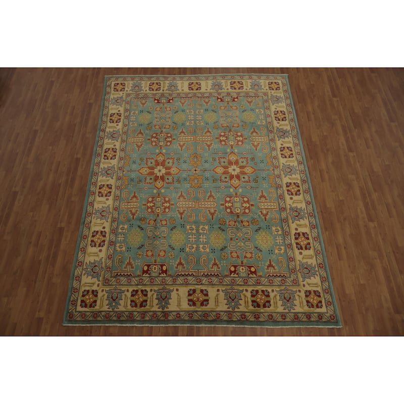 Hand Knotted Oriental 100% Wool Carpet Traditional Geometric Navy Blue & Blues Kazak Area Rug - 11' 11'' X 8' 11''