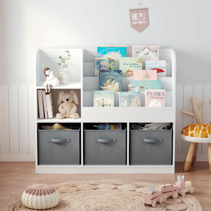 Kids Bookcase and Bookshelf, Multifunctional Bookcase with 3 Collapsible Fabric Drawers, Display Stand, Toy Storage Organizer
