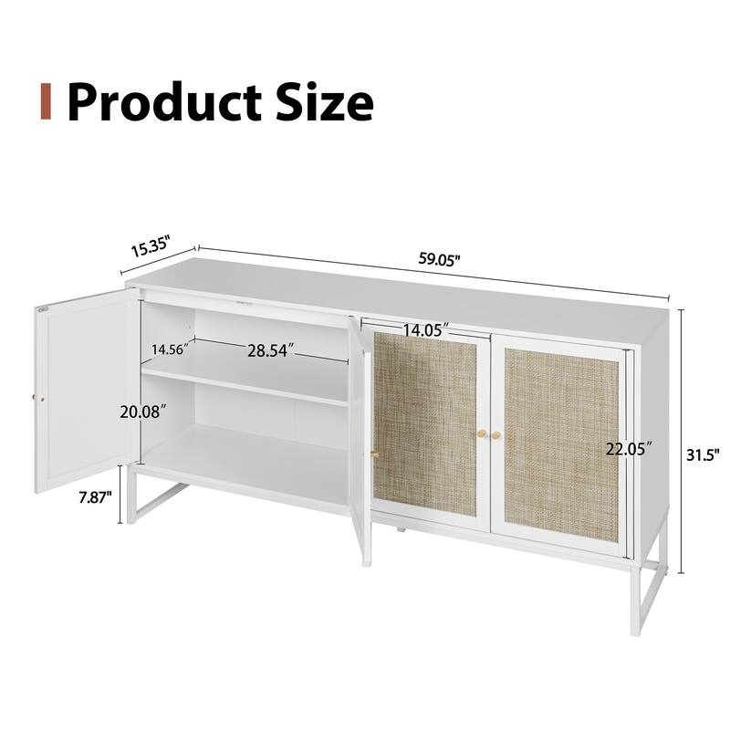 Wood Rattan 4-Door Buffet Sideboard With Storage