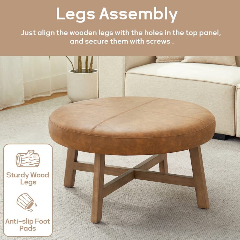 Round Upholstered Coffee Table with Solid Wood Base, Modern Fabric Ottoman Table for Living Room