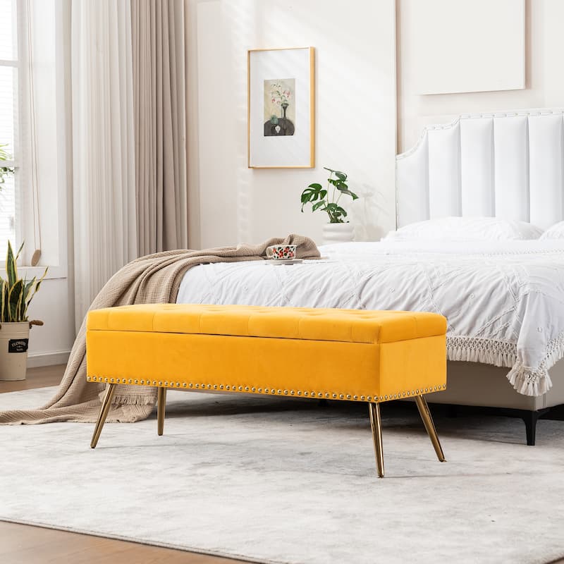 Velvet Storage Ottoman Bench with gold legs and Nailhead Trim for Bedroom/End of Bed/Entryway/Window