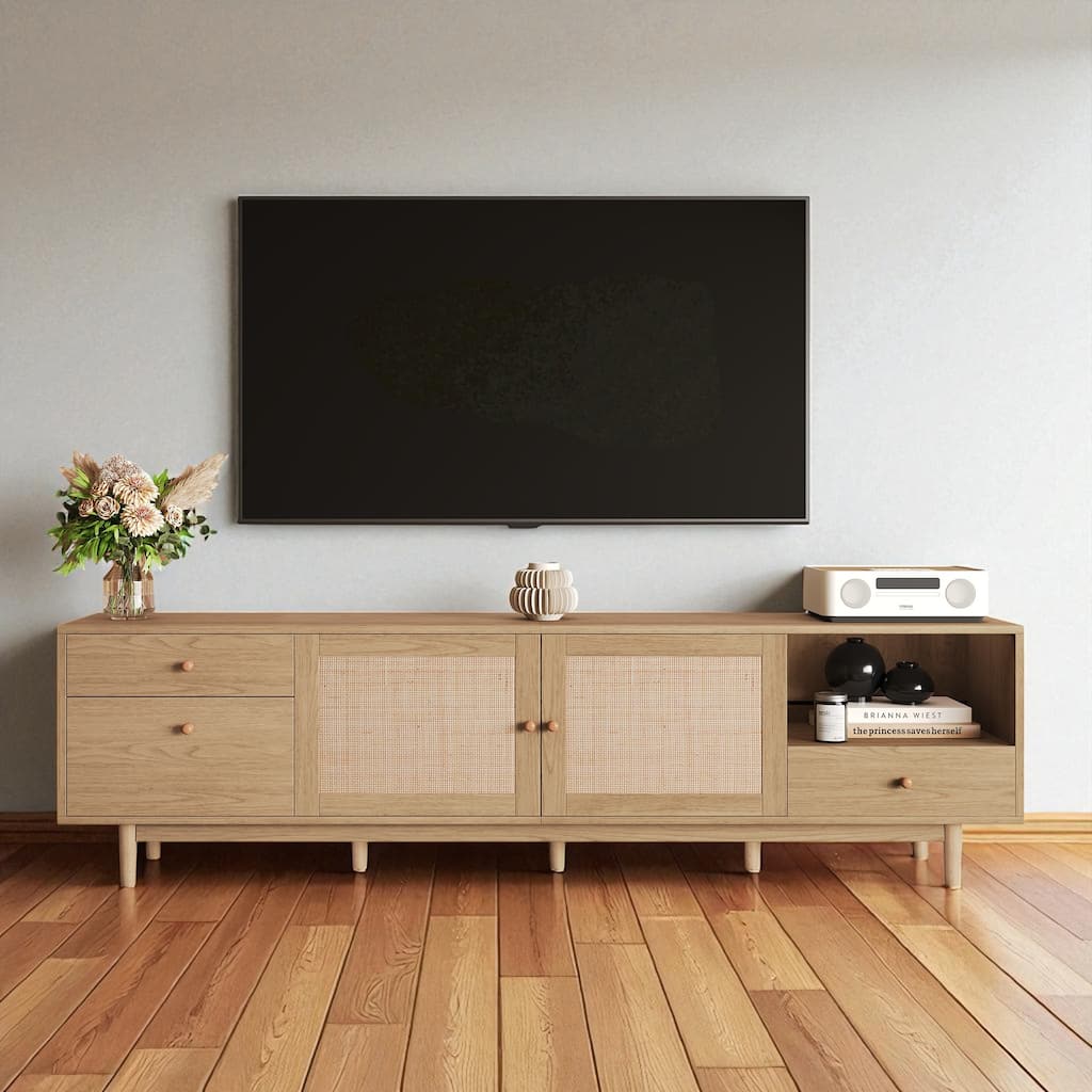 Boho TV Stand with Real Rattan Doors, 76 Inch Entertainment Center for TVs Up to 85", Wood Media Console with Storage