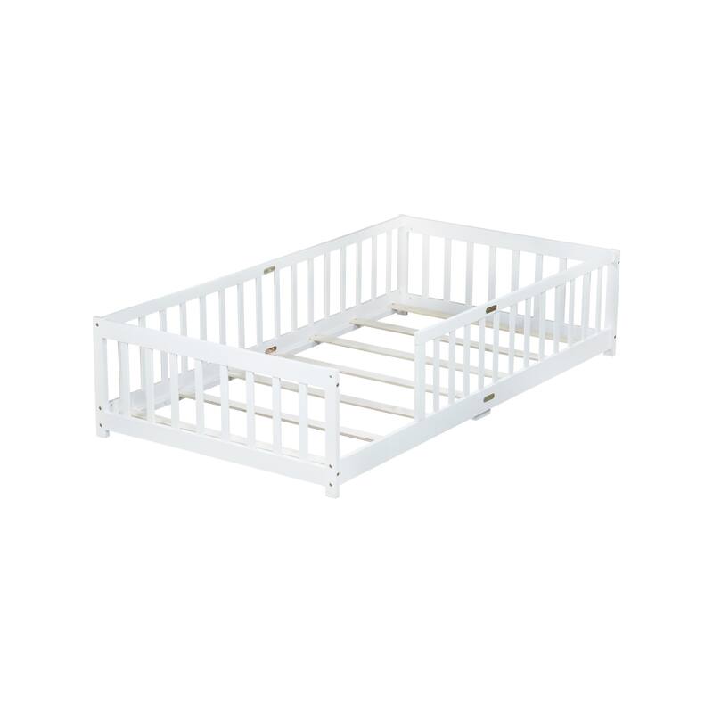Roomfitters Twin Rubber Wood Floor Bed with Fence, Safety Guardrails, Low Profile Platform Design