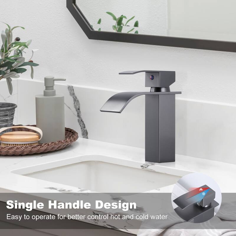 WOWOW Single Handle Waterfall Bathroom Faucet with Pop-Up Drain