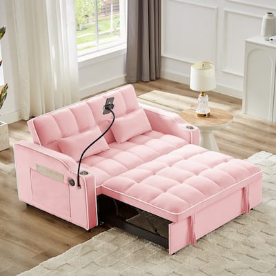 Versatile Foldable Sofa Bed in Pink, Solid Wood+MDF+Resin, Adjustable Back, USB Port, Phone Stand
