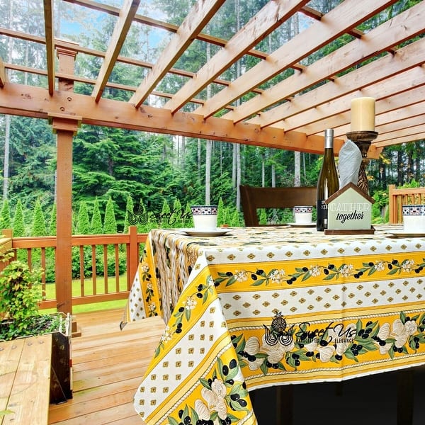 slide 2 of 11, Wipeable Stain Resistant French Acrylic Coated Tablecloth Collection 60 x 98 inches - Gold