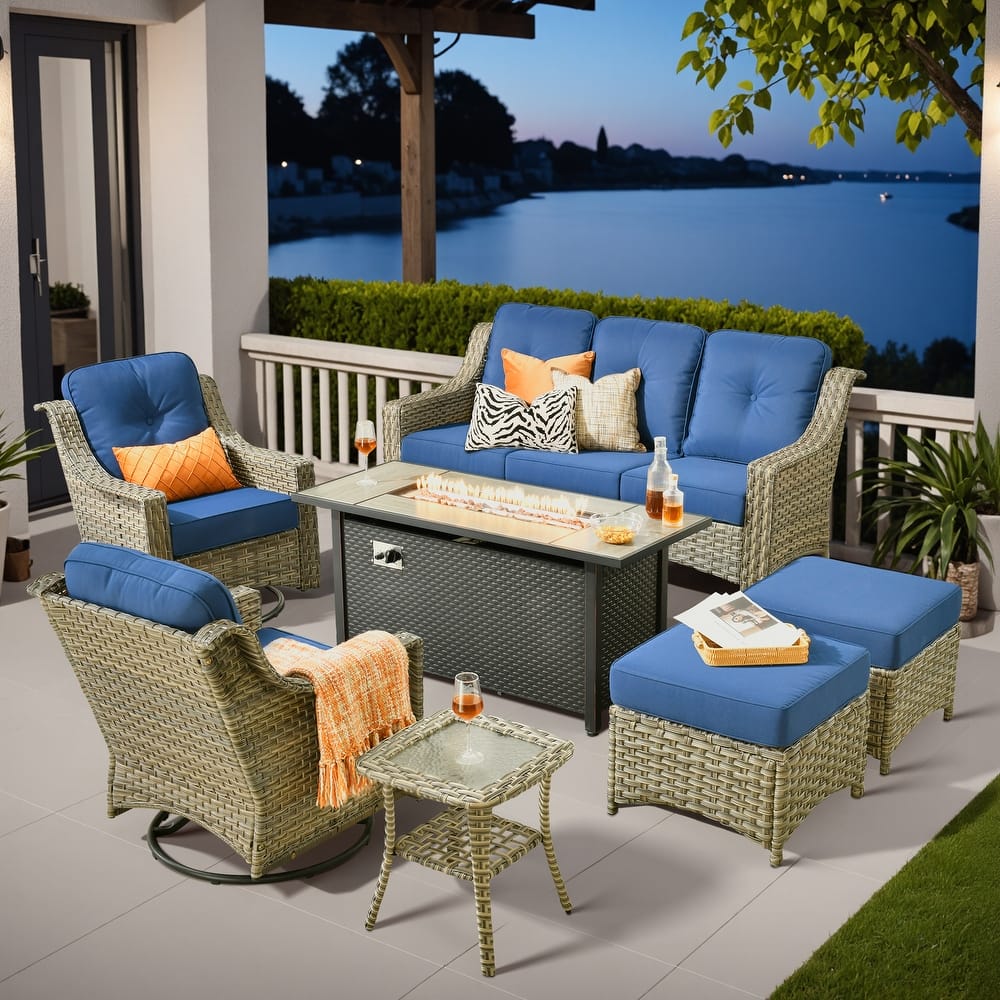 ​​OVIOS 7 Pieces Outdoor Wicker Swivel Chair Set with 54" Fire Table​