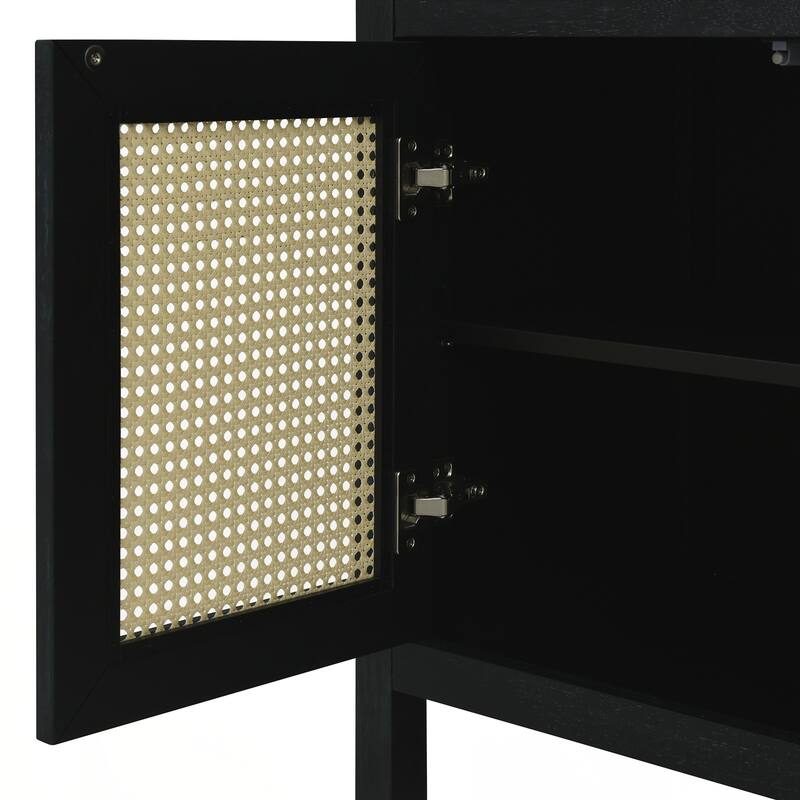 Rattan Buffet Storage Cabinet with Solid Wood Frame, Sideboard with 3-position Adjustable Shelves for Living & Dining Rooms