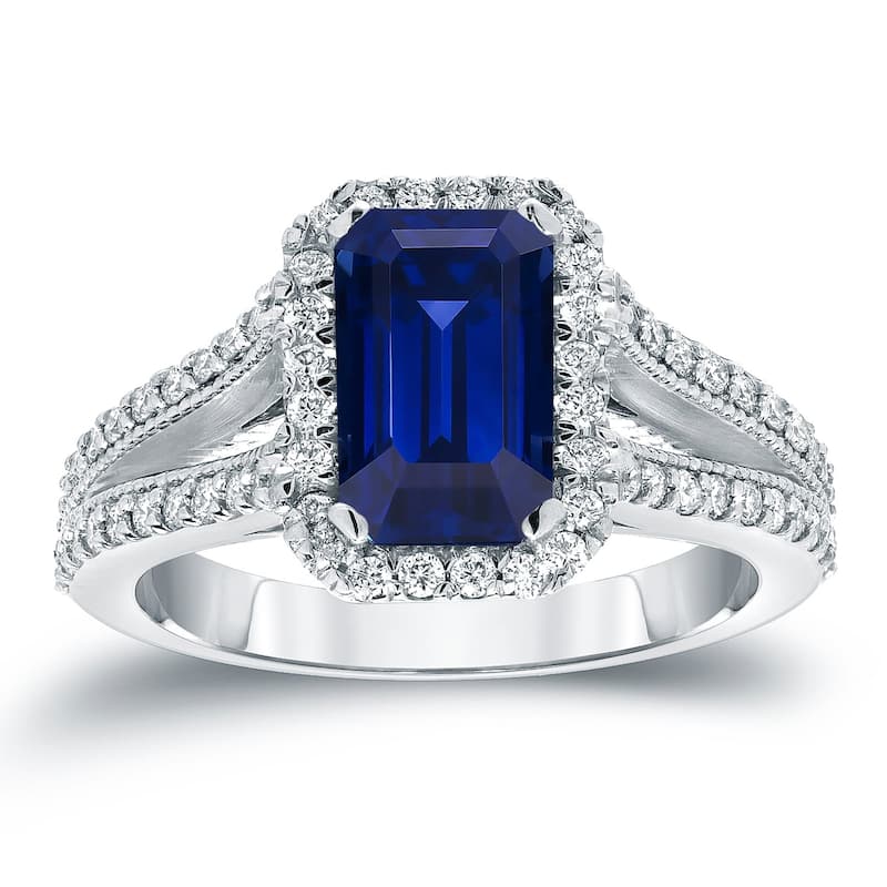 Auriya 18k Gold 2ct Vintage Emerald-cut Sapphire Halo Diamond Engagement Ring 1/2ctw