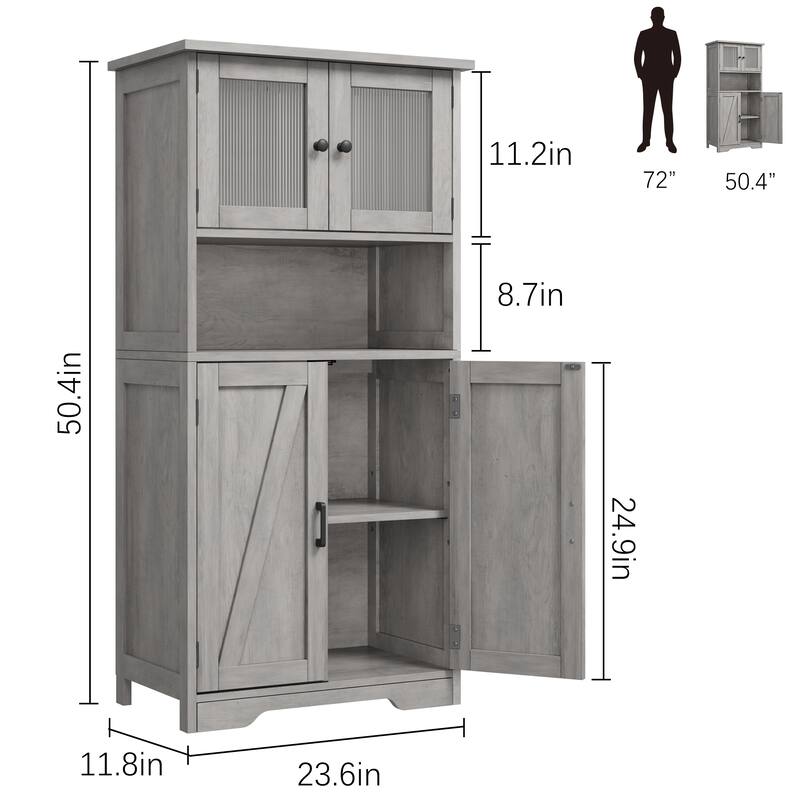 Kitchen Pantry Storage Cabinet with Glass Doors & Adjustable Shelves