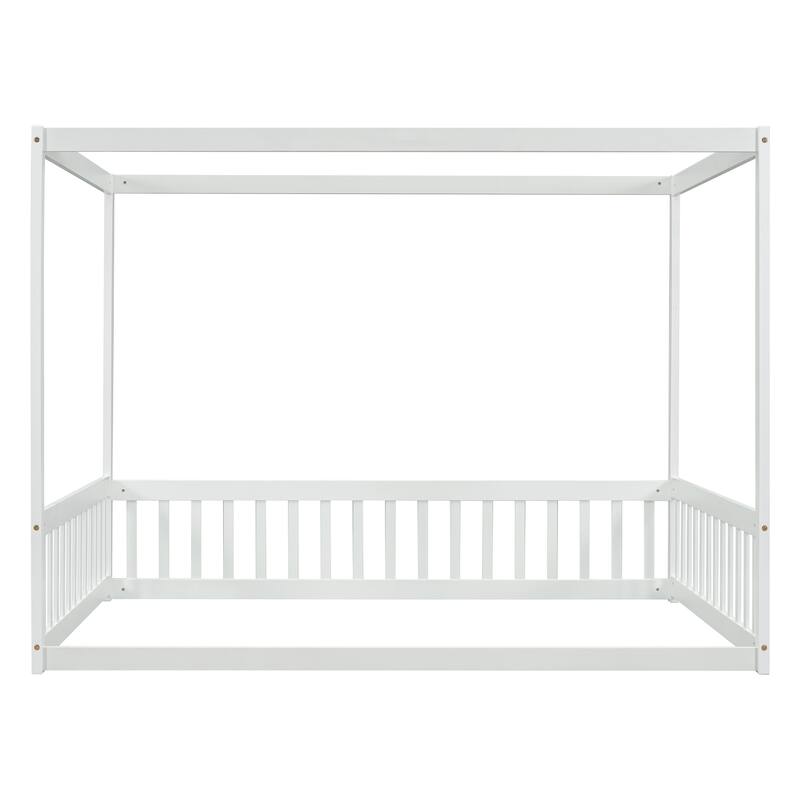 Canopy Frame Floor Bed with Fence, Guardrails