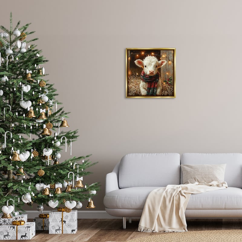Stupell White Calf with Holiday Lights Framed Floater Canvas Wall Art Design By Riley B