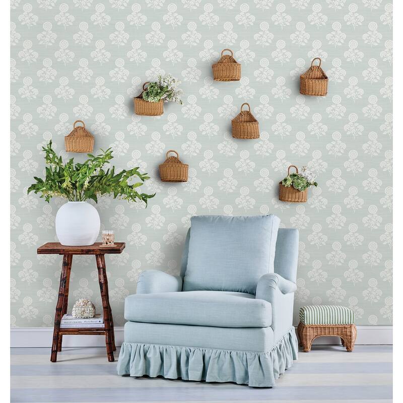 Society Social Flourish Block Print Whisper Blue Faux Grasscloth Peel and Stick Wallpaper