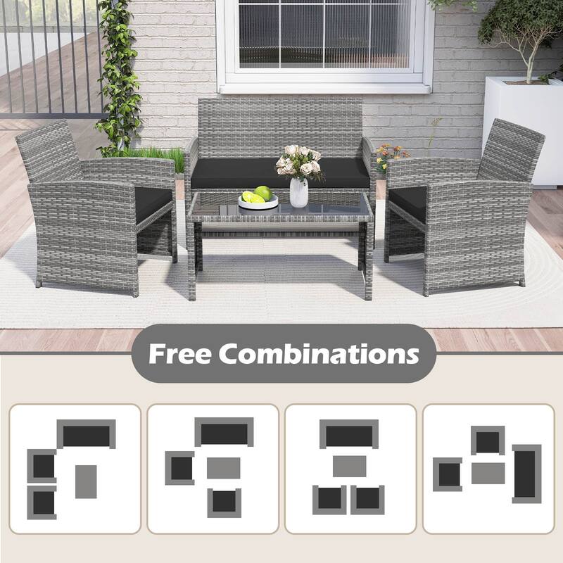 Gymax 4 Piece Patio Furniture Set Outdoor Wicker Conversation Set w/