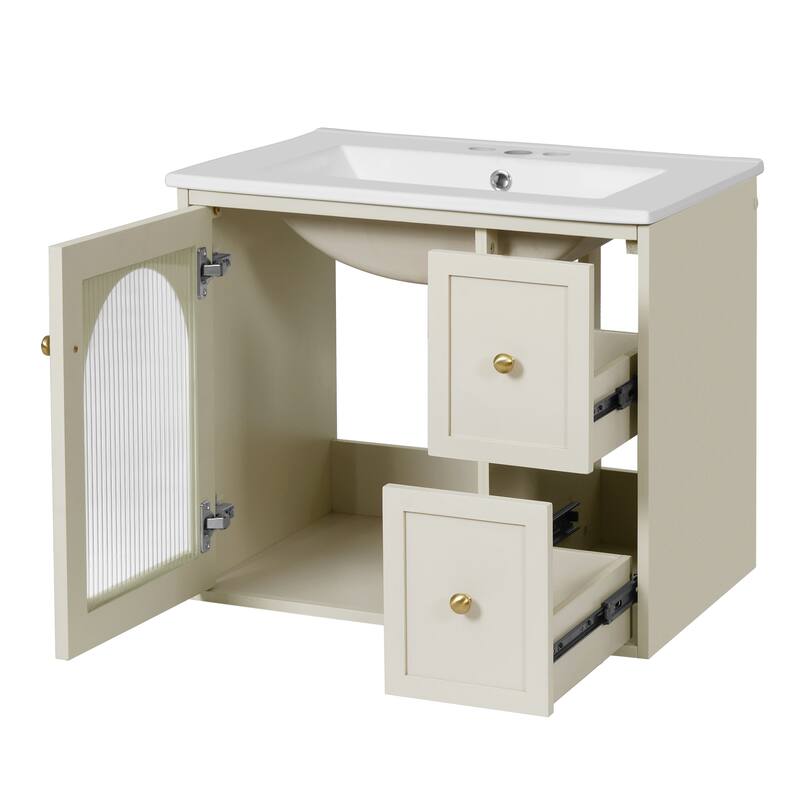 24" Wall Mounted Bathroom Vanity with Ceramic Sink, Floating Bathroom Storage Cabinet with Drawers & Glass Door