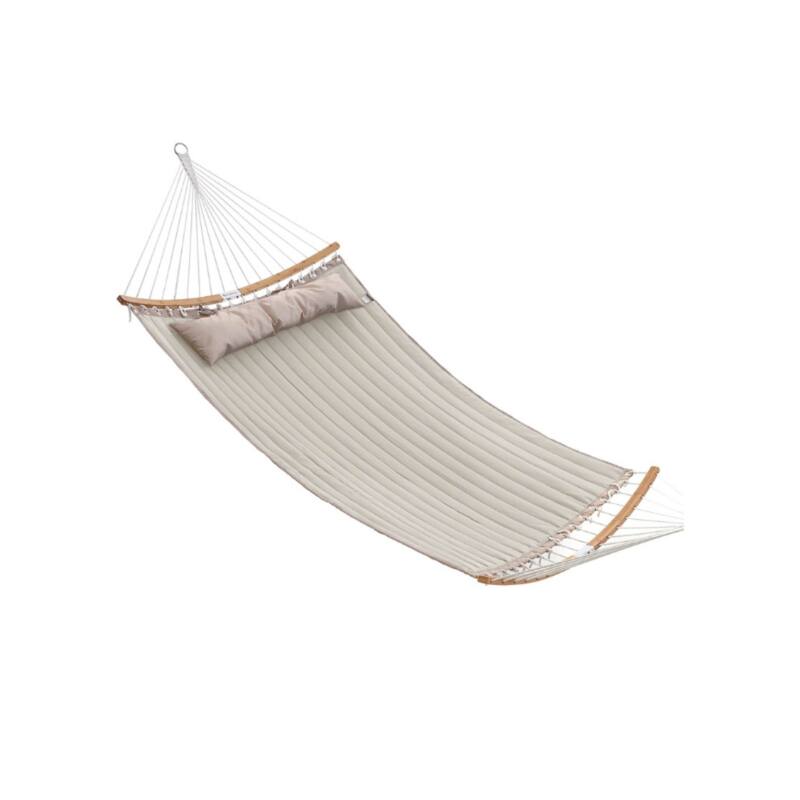 Polyester Wicker Double Hammock with Pillow, Curved Spreader Bars and Portable Design - Cream-Beige