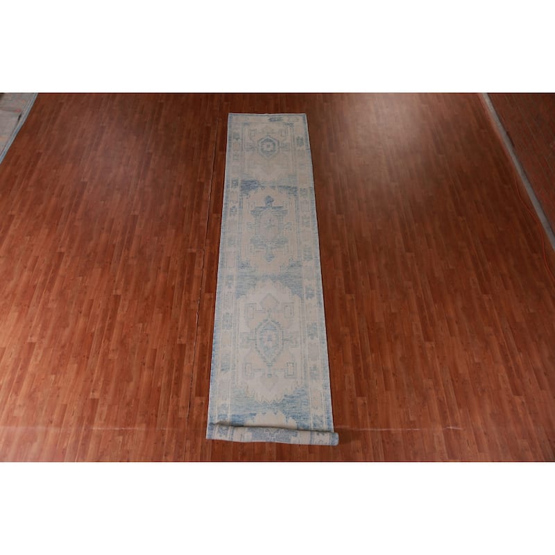 Hand Knotted Oriental 100% Wool Carpet Transitional Geometric Navy Blue & Blues Oushak Runner Rug - 17' 2'' X 3' 4''