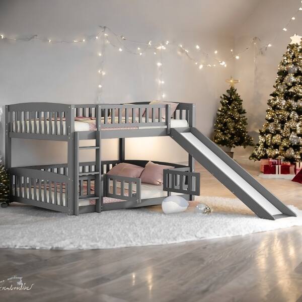 slide 2 of 17, Full Over Full Low Bunk Bed with Fence and Ladder for Toddler Kids Teens,Elegant Children Bed,Grey