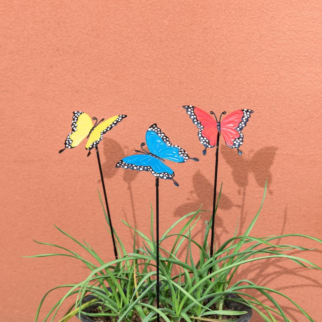 Glitzhome Set of 3 Metal Spring Garden Butterfly Birds Yard Stakes
