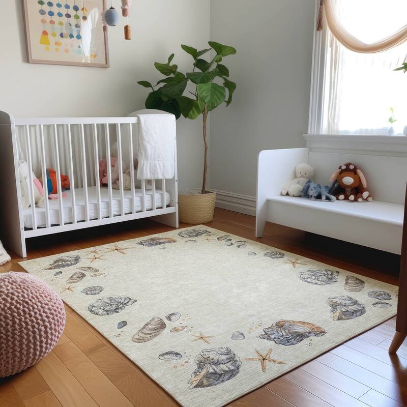 Premium Washable Super Soft Coastal Shell Border Mayfield Rug - Oyster - 9' x 12' - Rectangle