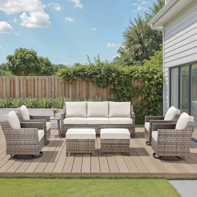 Pocassy Wicker Patio Sofa Glider Swivel Chair Ottoman Furniture Set. - Beige Cushion Gray Wicker - 8-Piece Sofa Ottoman w/ Swivel Chair Table Set