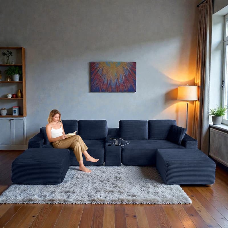 125" L Shaped Sectional Sofa with 2 Ottomans, Cloud Corduroy Couch with Deep Seat, Cup Holders and USB Ports - Blue