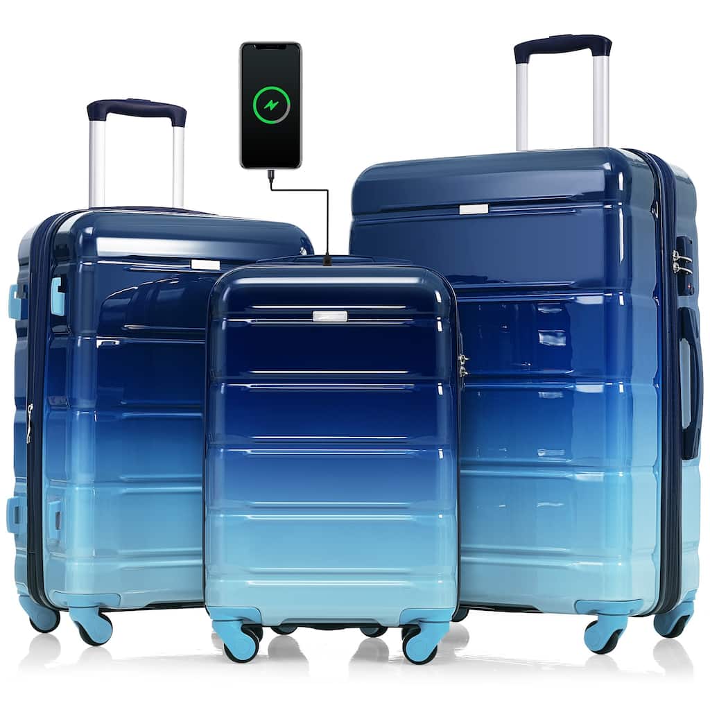3-Piece, 20-Inch Modern Hard Shell Luggage with USB Port and Spinner Wheels, for Boarding Travel, Blue