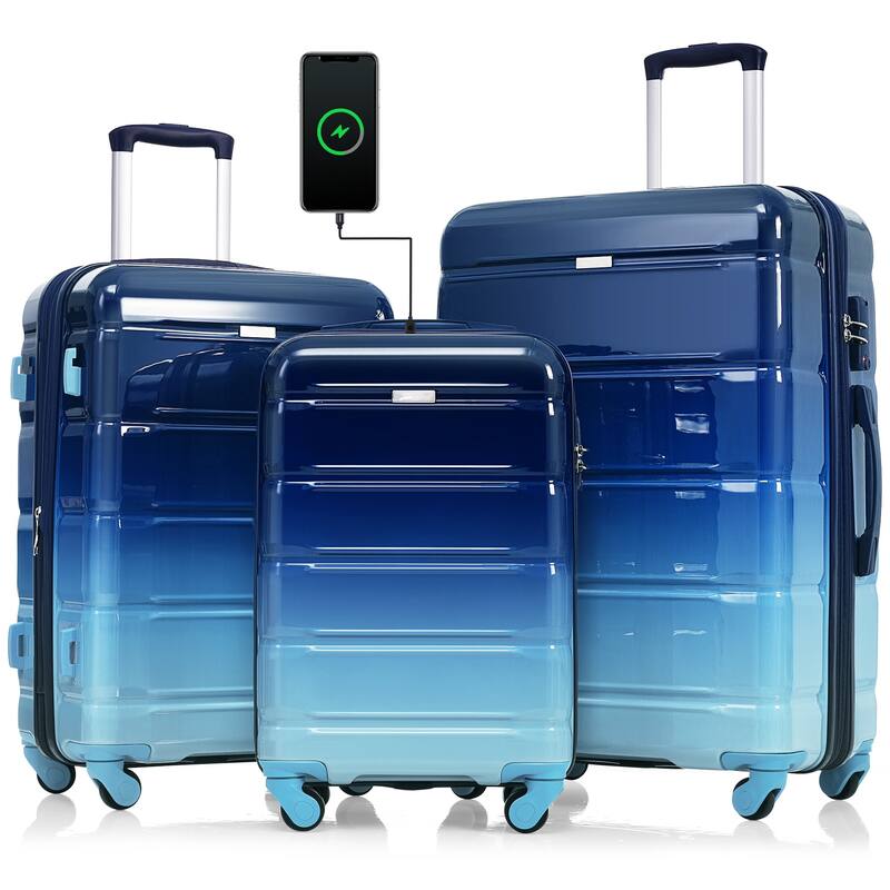 3-Piece, 20-Inch Modern Hard Shell Luggage with USB Port and Spinner Wheels, for Boarding Travel, Blue - Blue