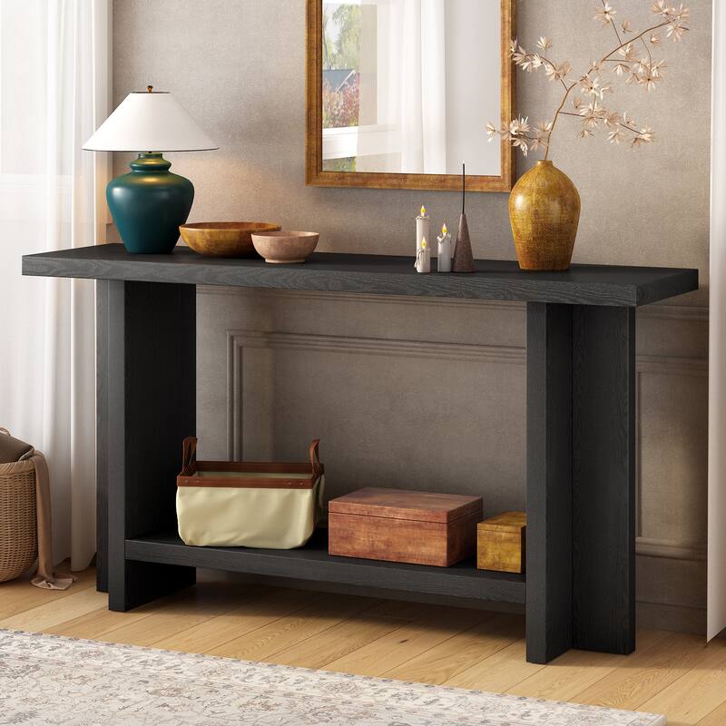 60" Console Table with T-Leg Base & Ash Veneer, Modern Style - Black