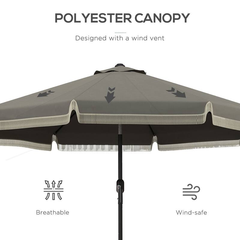 Outsunny 9ft Patio Umbrella with Push Button Tilt and Crank, Ruffled Outdoor Market Table Umbrella with Tassles and 8 Ribs