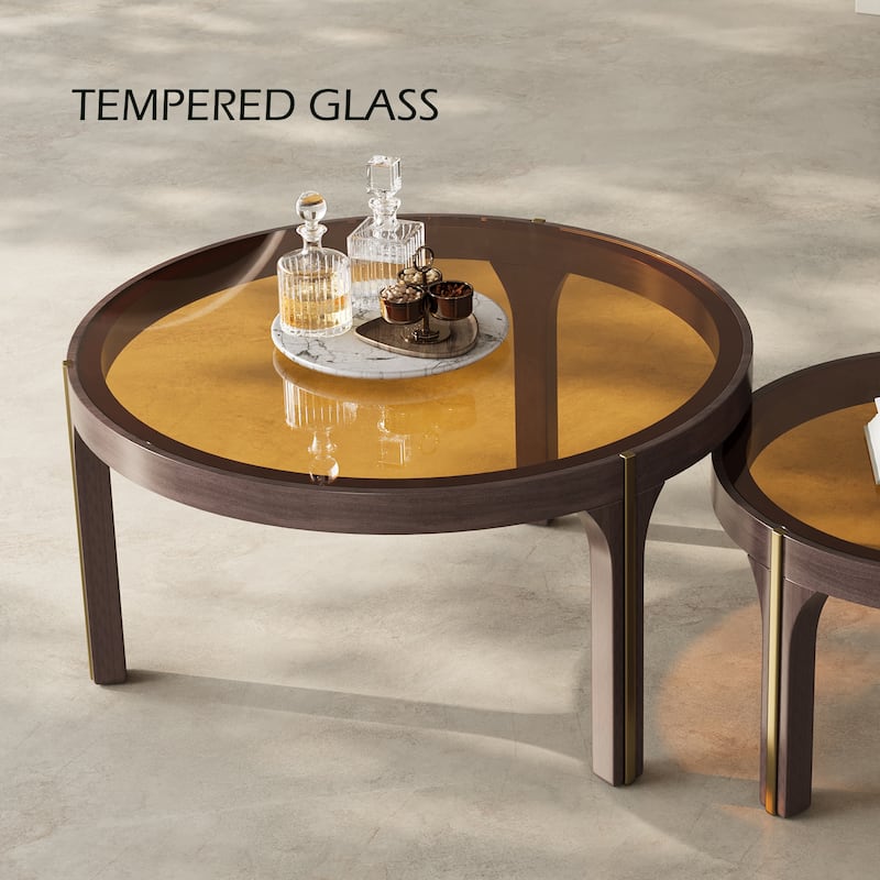 Modern Coffee Table Set of 2,Brown tempered glass tabletop, solid wood legs,31.5+23.62"