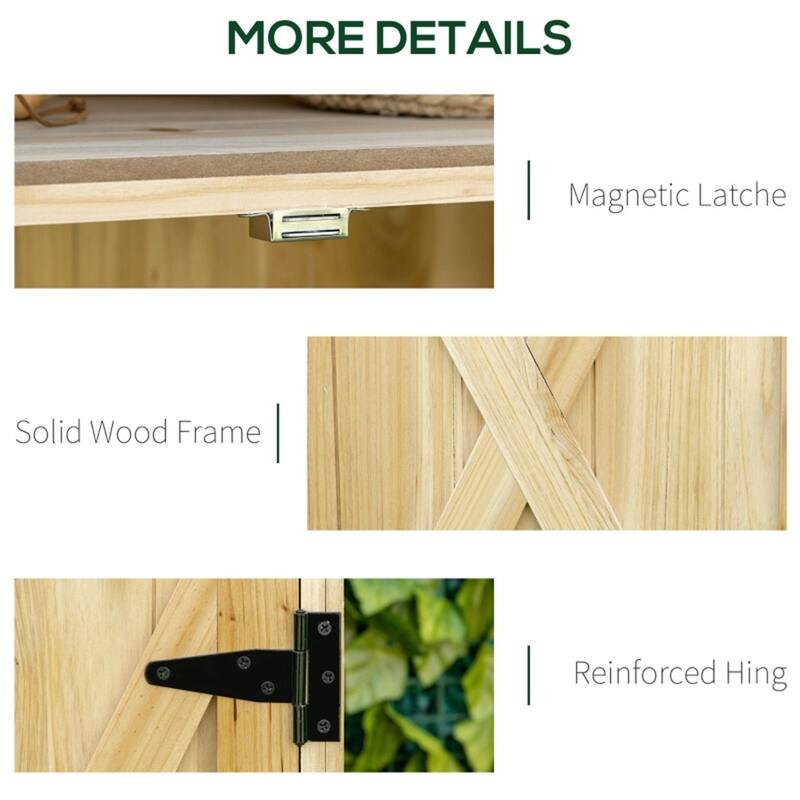 Natural Fir Wood Garden Storage Cabinet with Galvanized Steel Top Double Door Closet and Outdoor Tool Storage