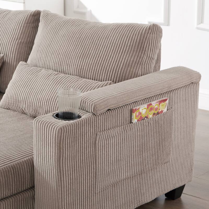 Convertible Sleeper Sofa Chaise Lounge with Movable Backrest, Corduroy Reading Chair with USB Ports, Cup Holders & Phone Holder