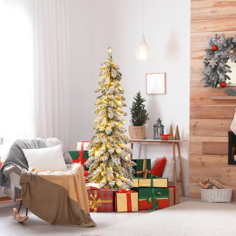 Gymax 4/5/6 FT Pre-Lit Artificial Christmas Tree Snow-Flocked Slim