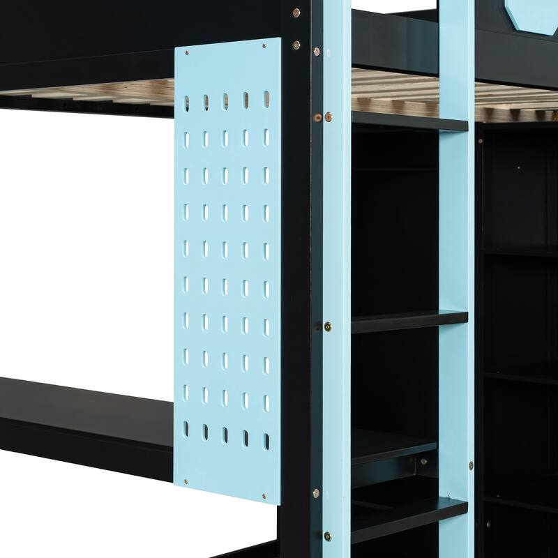 Full Wood Loft Bed with Desk, Open Wardrobe & RGB Lighting