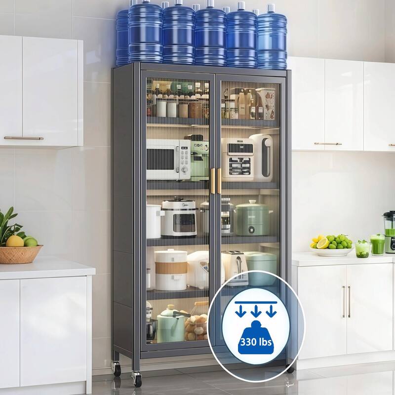65" Metal Pantry Cabinet - 6-Tier with Wheels & Glass Doors