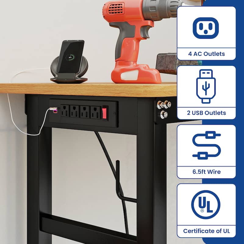 48"/60'' Work Bench for Garage with Pegboard & Power Outlets, 1600 LBS Load Capacity Ideal for Workshop