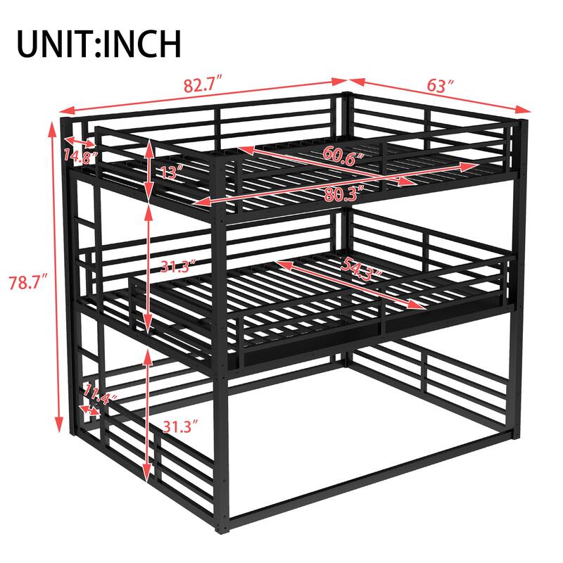 Roomfitters Queen over Full XL over Queen Metal Triple Bunk Bed with Safety Guardrails, Heavy-Duty Noise-Reduced Frame, Black