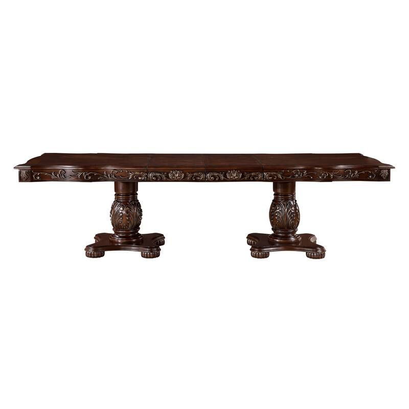 Traditional Style Dining Table with Extension Leaves Cherry Finish with Gold Tipping Double Pedestal Base Wooden Dining