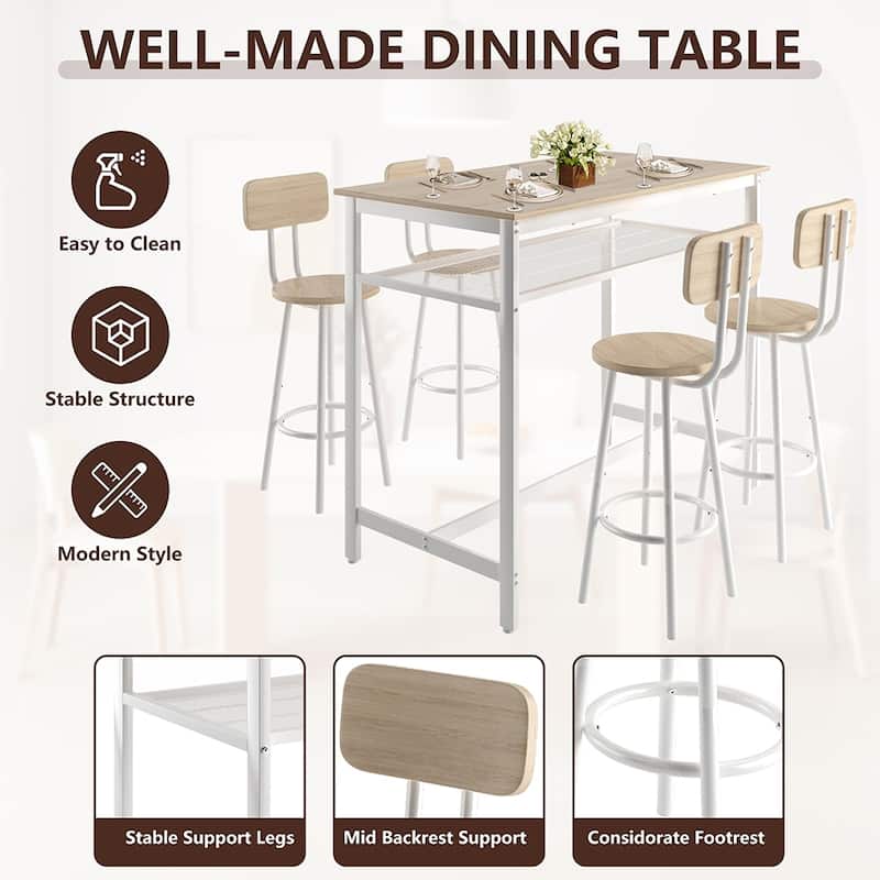 5-Piece Industrial Dining Table Set with Metal Shelf, 4 Bar Stools