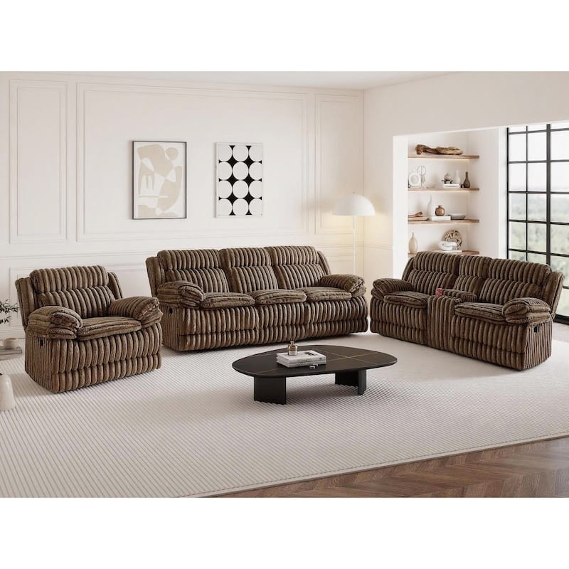 Roundhill Furniture Ardello 3-Piece Reclining Sofa Set, Corduroy Upholstery with Built-In Power Center, Chocolate