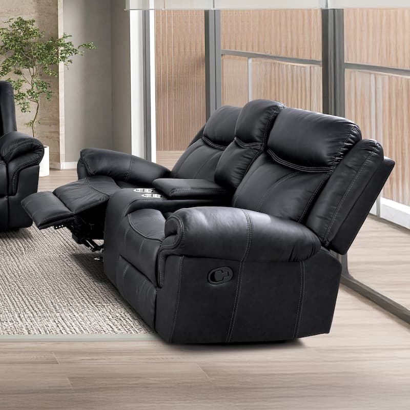 Verne Modern Leather Manual Glider Reclining Loveseat with Center Storage Console - Black