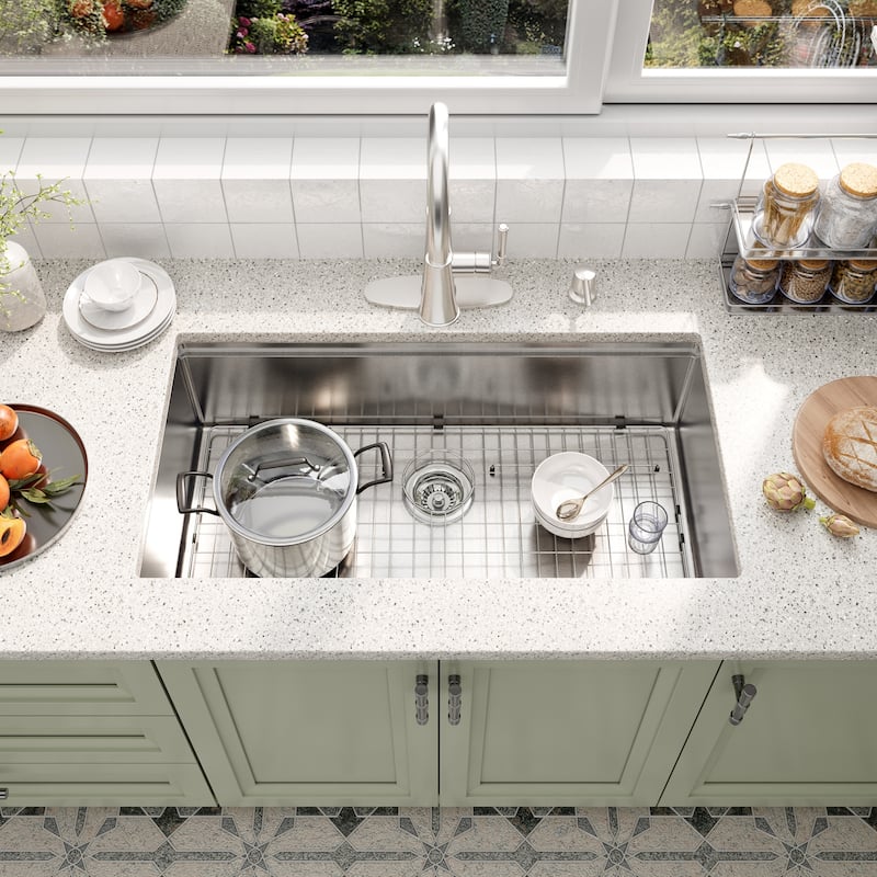 Undermount Nano Brushed Stainless Steel Workstation Kitchen Sink with Sensor-Activated Kitchen Faucet and Accessories
