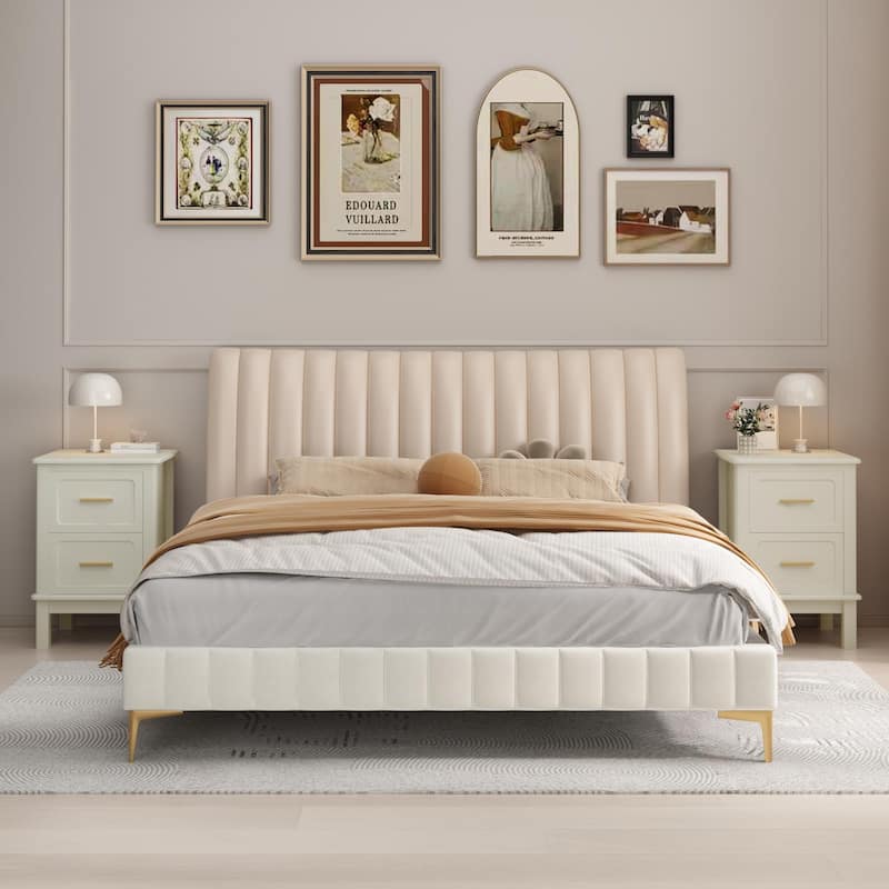 Modern Nightstand with 2 Drawers, Bedroom Bedside Table with Gold Handles, Sturdy Wood Accent Table