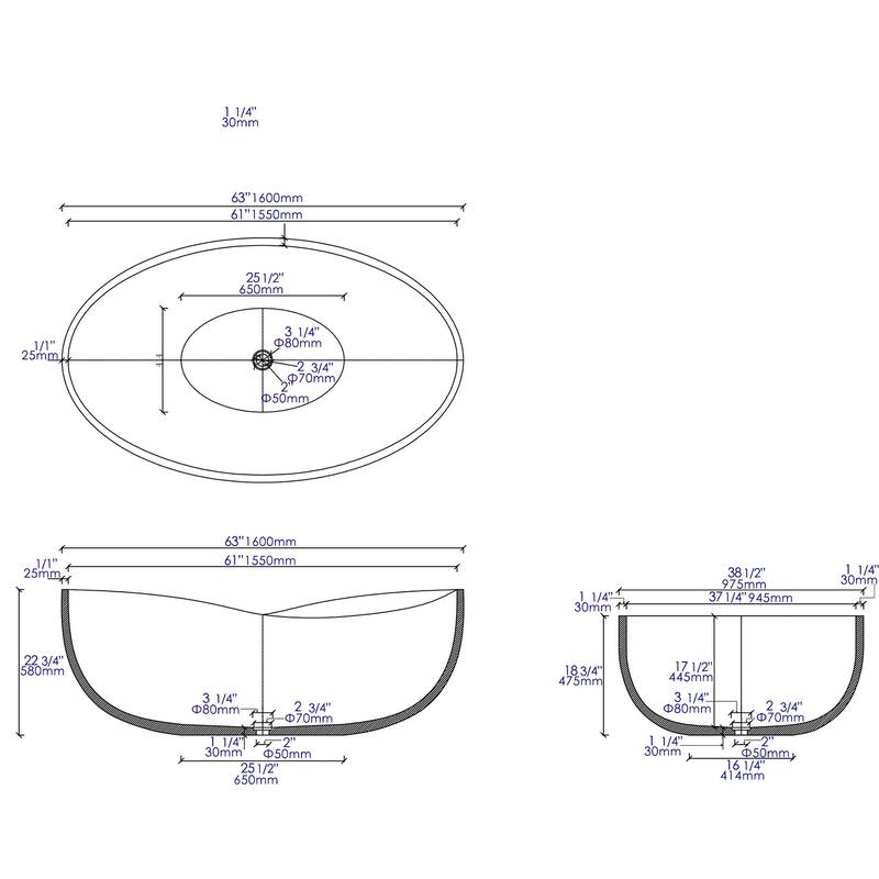 ALFI brand 63" Solid Concrete Gray Matte Oval Bathtub