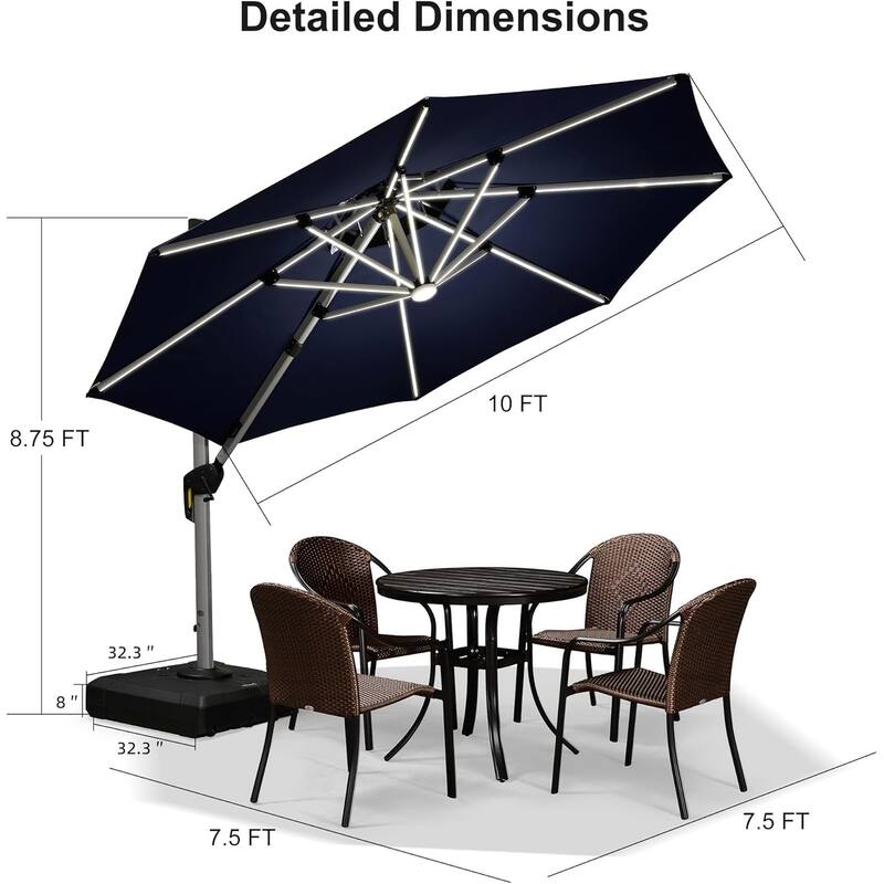 PURPLE LEAF 10 ft Double Top LED Round Patio Cantilever Umbrella with Base