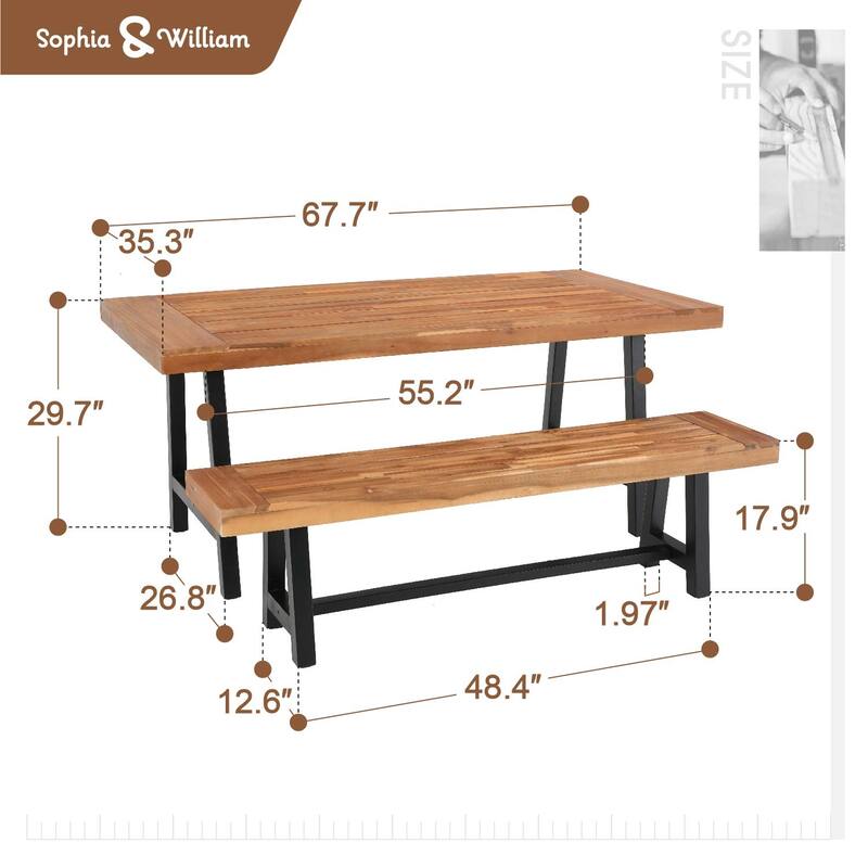 MAISON ARTS Sophia & William 3-Piece Patio Wooden Dining Set, 1 Wooden Table and 2 Wooden Benches