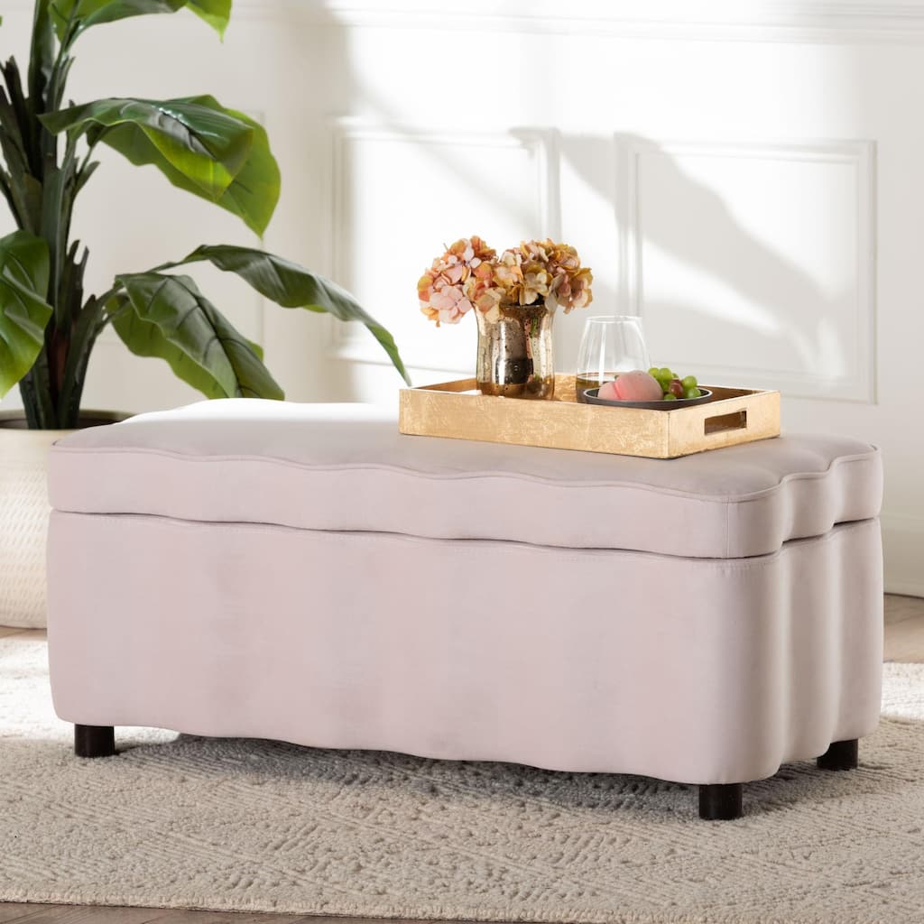 Paulina Velvet Storage Bench - Lift Top Accent Bench with Interior Storage and Scalloped Outline for Bedroom or Living Room